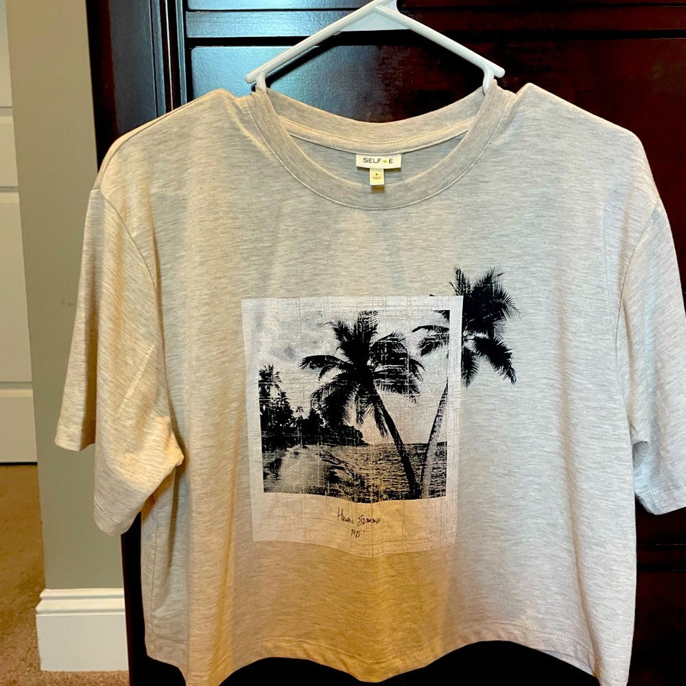 SELF Gray Crop Top with Black Palm Tree Print